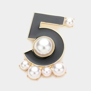 Black Gold Pearl Number 5 Brooch Pin Lady White Cute Fashion Statement Accessory